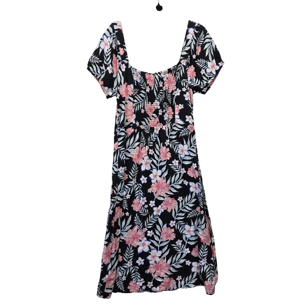 NWT Roxy Canyon Moon Floral Midi Dress Black Pink Tropical Smocked Back XL - Picture 2 of 8